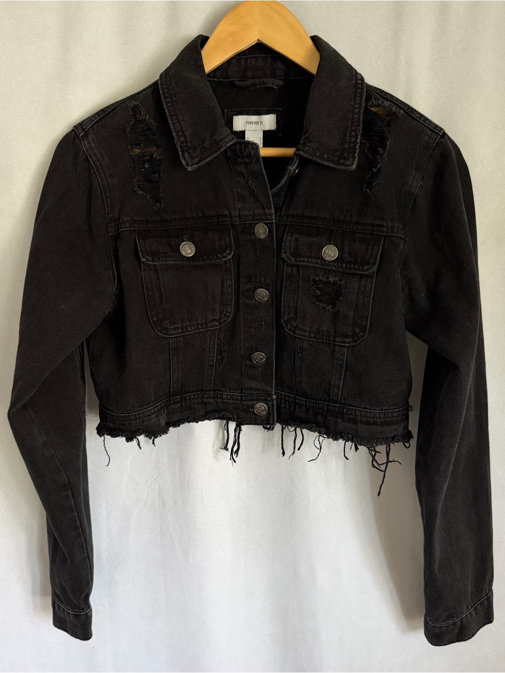 Forever 21 Jacket Womens Small Distressed Cropped Denim Raw Hem Grunge Goth Emo